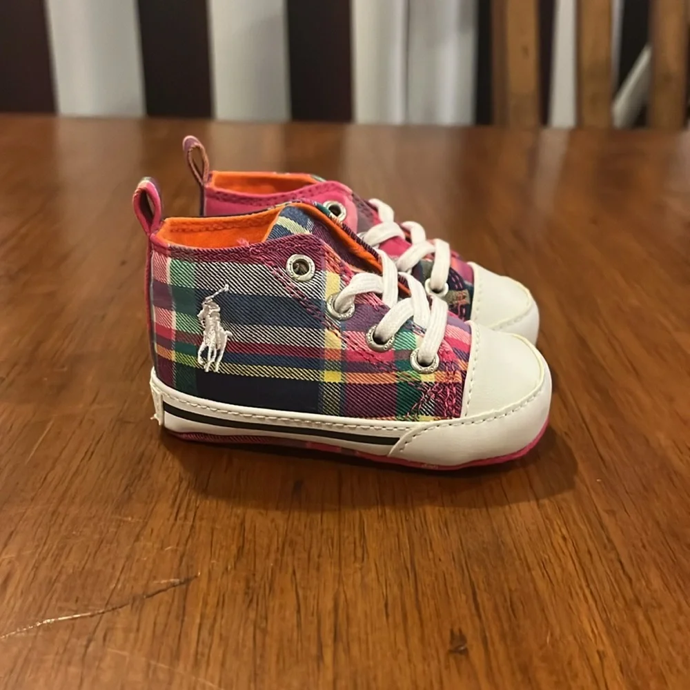 Polo Ralph Lauren Harbour Hi Plaid Shoes Sneakers Infant Baby Booties Size 2